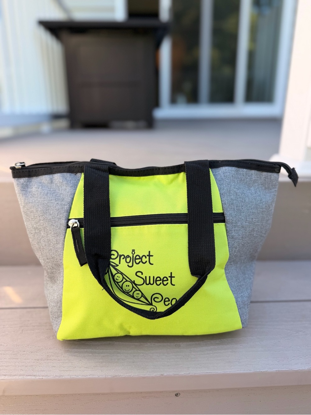 Neon Green & Gray Zip Top Tote Bag Pocket Project Sweet Pea